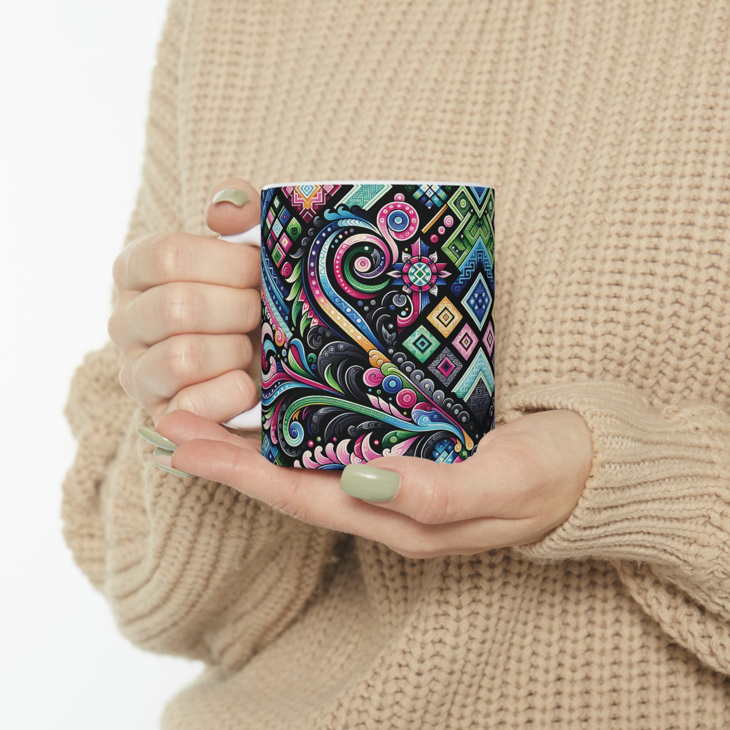 Hmong-Inspired Geometric Ceramic Coffee Mug 4